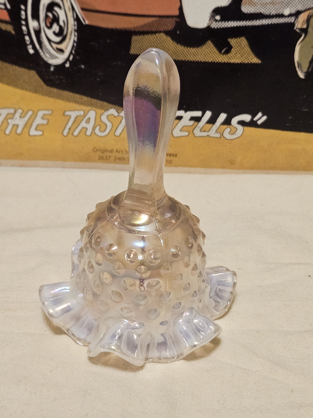 Fenton Iridescent Hobnail Glass Bell in Pearly Pink and Gold Sheen